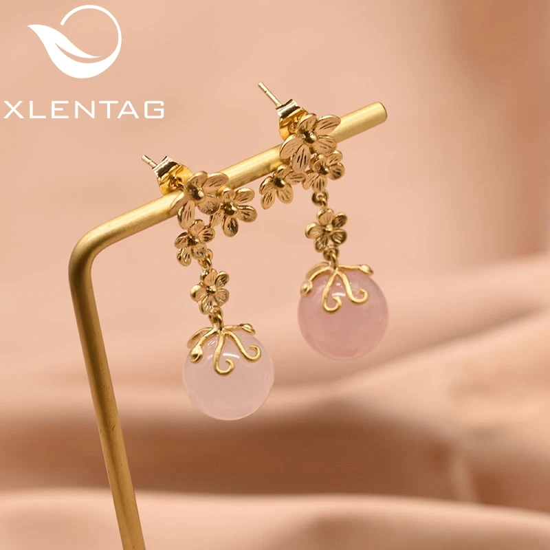 Серьги XlentAg из серебра 925 пробы с подвеской в виде цветов натуральный кварц
