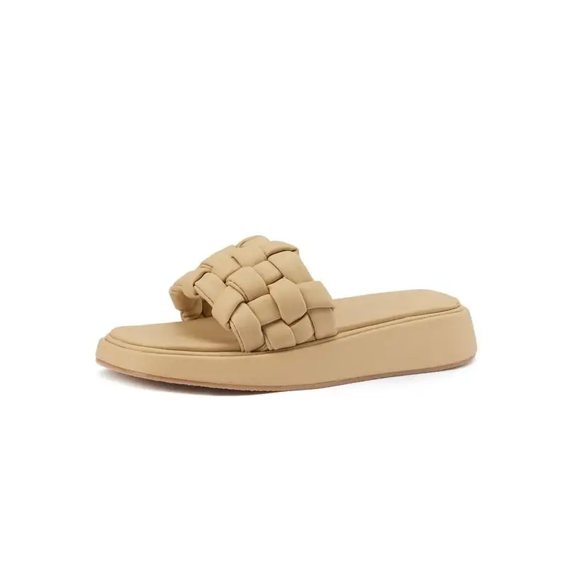 

2021 New Platform Beach Slippers Women Summer Open Toe Bohemia Weave Pu Leather Casual Slides Outdoor Female Shoes White Summer