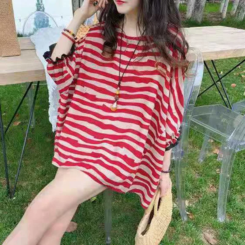 

Детская рубашка, топ, корейский Свободный пуловер с круглым вырезом и ушками, нестандартный дизайн, полосатая рубашка, закрывающая живот