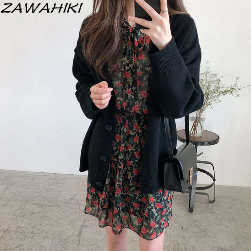 

ZAWAHIKI Womens Sweater Korean Casual Fashion Solid Tops Loose Button Up Knitted Cardigan V Neck Long Sleeve Elegant Jumpers