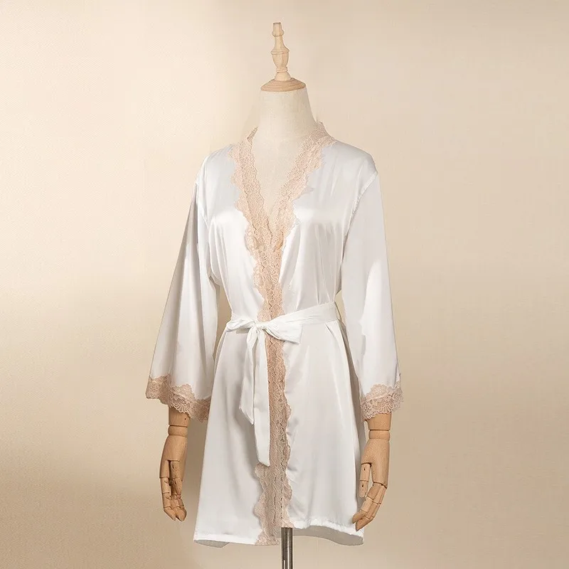 

Sexy Black Robe Women New Kimono Gown Lace Patchwork Nightgown Summer Satin Bathrobe Gown Casual Sleepwear Intimate Lingerie