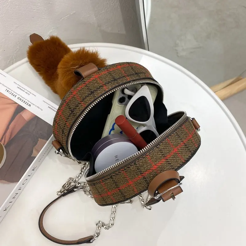 

Plaid Round Women's Crossbody Bag Plush Top Handle Handbag High Quality Chain Shoulder Messenger Bags Fashion Female Tote Purse