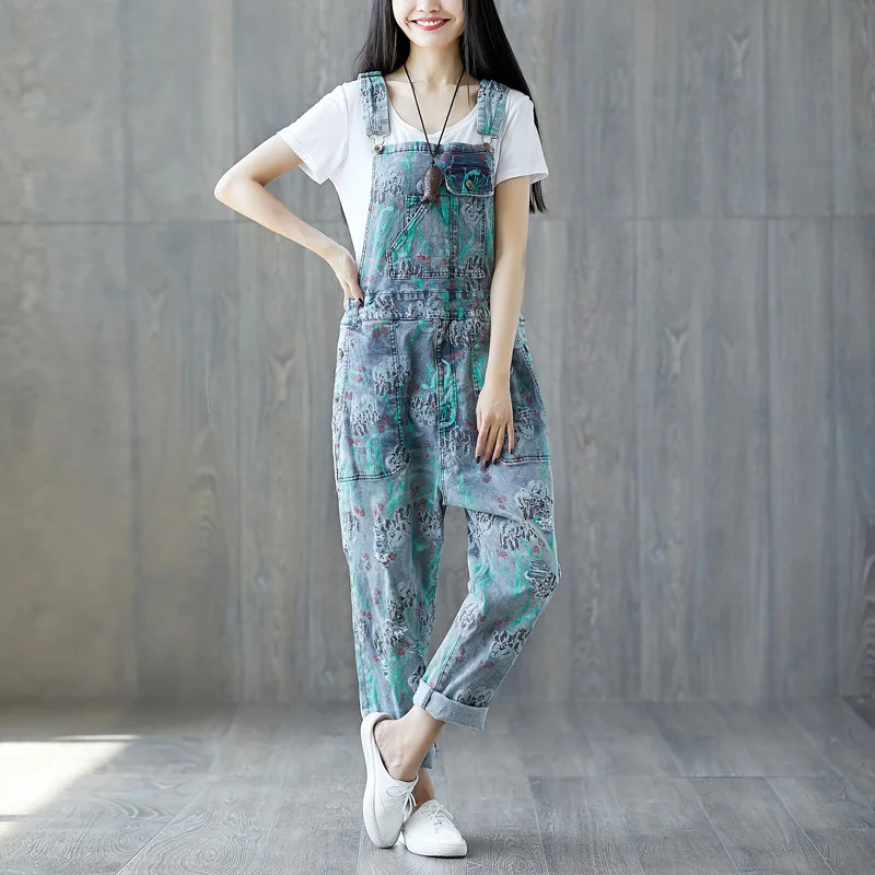 Wide Leg Bib Denim Overalls 2020 Women Vintage Printed Flower Big Pocket Jean Jumpsuit Female Oversize Drop Crotch Rompers | Женская