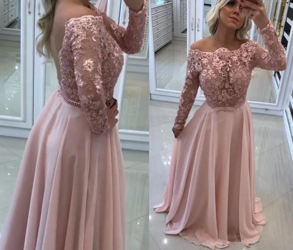 

Pink Lace Prom Dresses 2020 Long Sleeves Formal Evening Gowns Beading A Line Bateau Neck Floor Length Chiffon Party Gowns