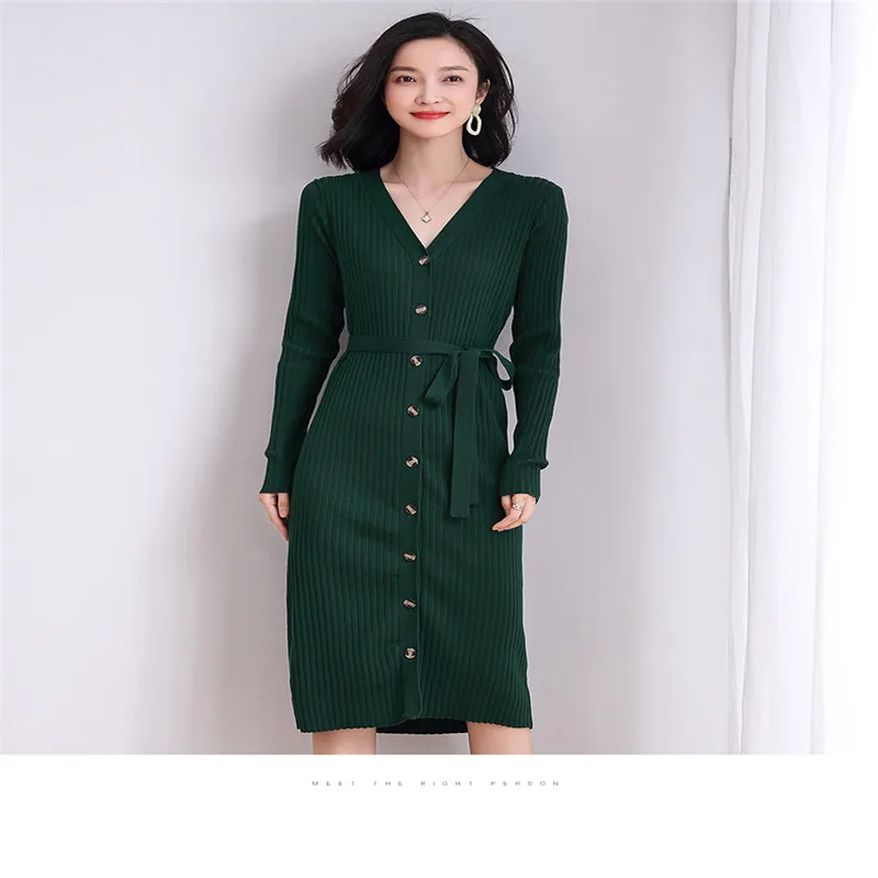 

2020 Autumn And Winter New Retro Fashion Long Cardigan Over The Knee Long Skirt Waist Slimming Single Breasted Sweater DressC503