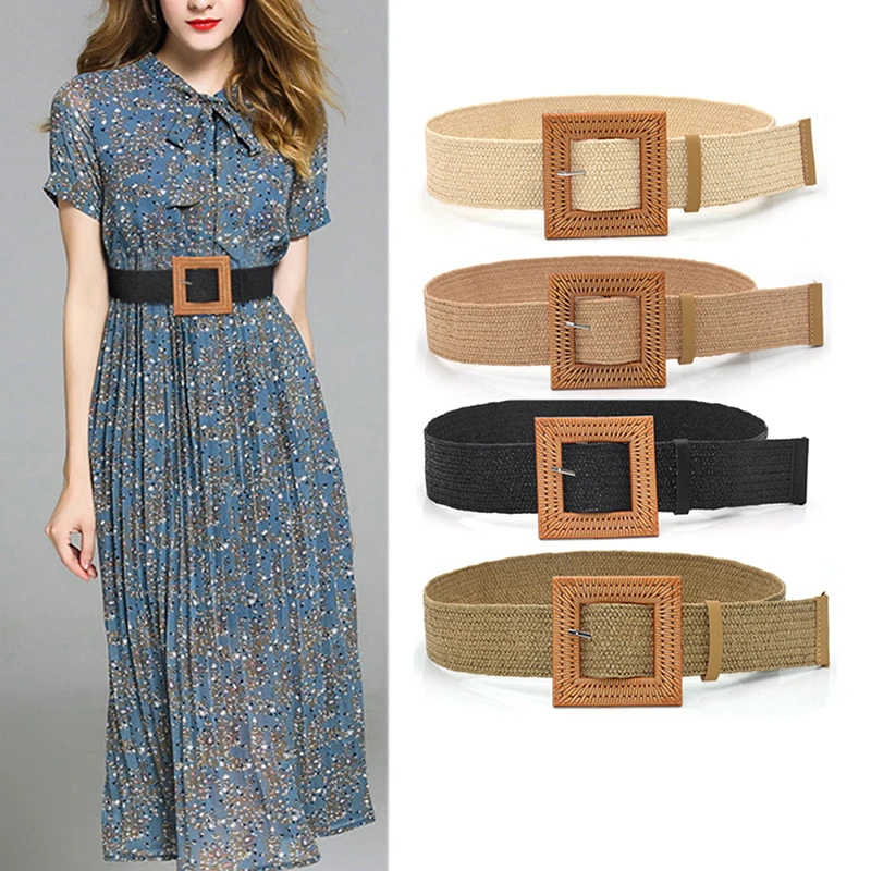 

Summer Elastic Imitate Woven Straw Waist Belts Square Buckle Adjustable Woven-straw Waistband Bohemian Beach Dress Belts Hot