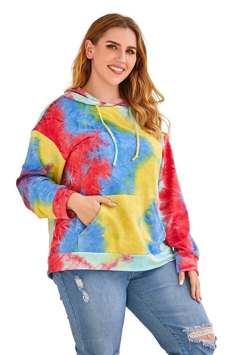 

Woman sweatshirt Large Size Tie-dye Print Casual Pullover with Pocket Long Sleeve Hooded Loose Top with Drawstring Daily Life