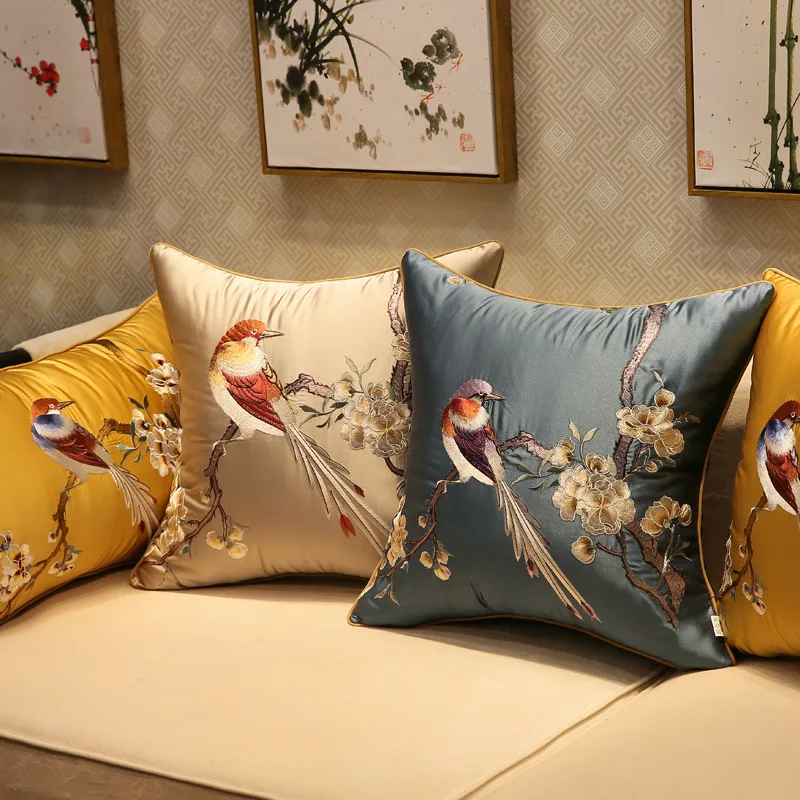 

Chinese Style Birds Flowers Embroidered Pillow Covers Magpie Lark Classical Luxury Decorative Pillow Cases Blue Cushion Cover