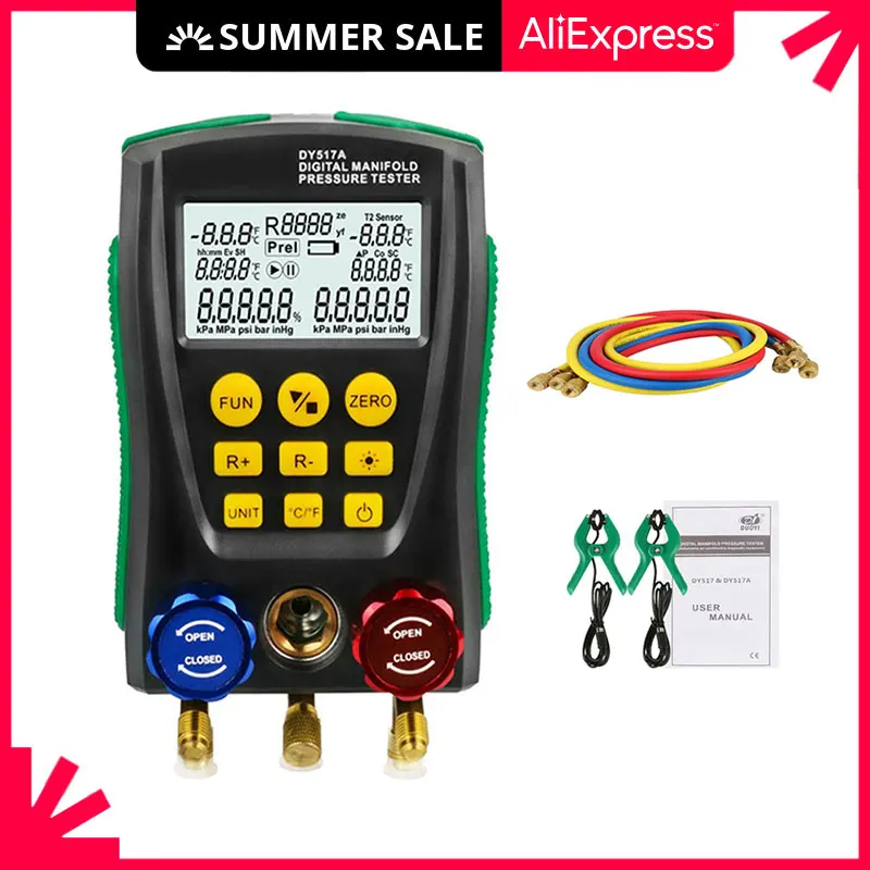 

DY517A Refrigerat Digital Manifold Gauge Meter Refrigerant HVAC Vacuum Double Pressure Leak Temperature Tester Cold Storage