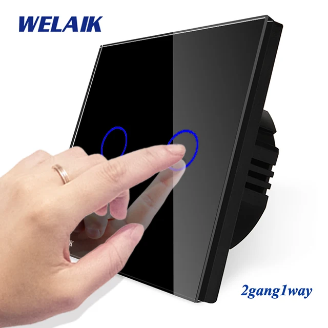 WELAIK UK сенсорный выключатель Кристалл-стеклянная панель-переключатель настенный-Интеллектуальный переключатель-умный-переключатель 2ганг-1way светодиодный-лампа B1921CW/B - Цвет: Black Circle