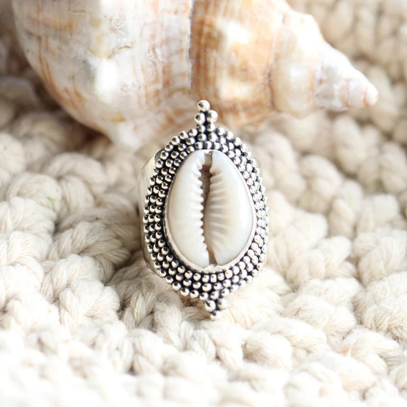 В богемном стиле Natural Sea Shell старинное серебряное кольцо для женщин летняя пляжная