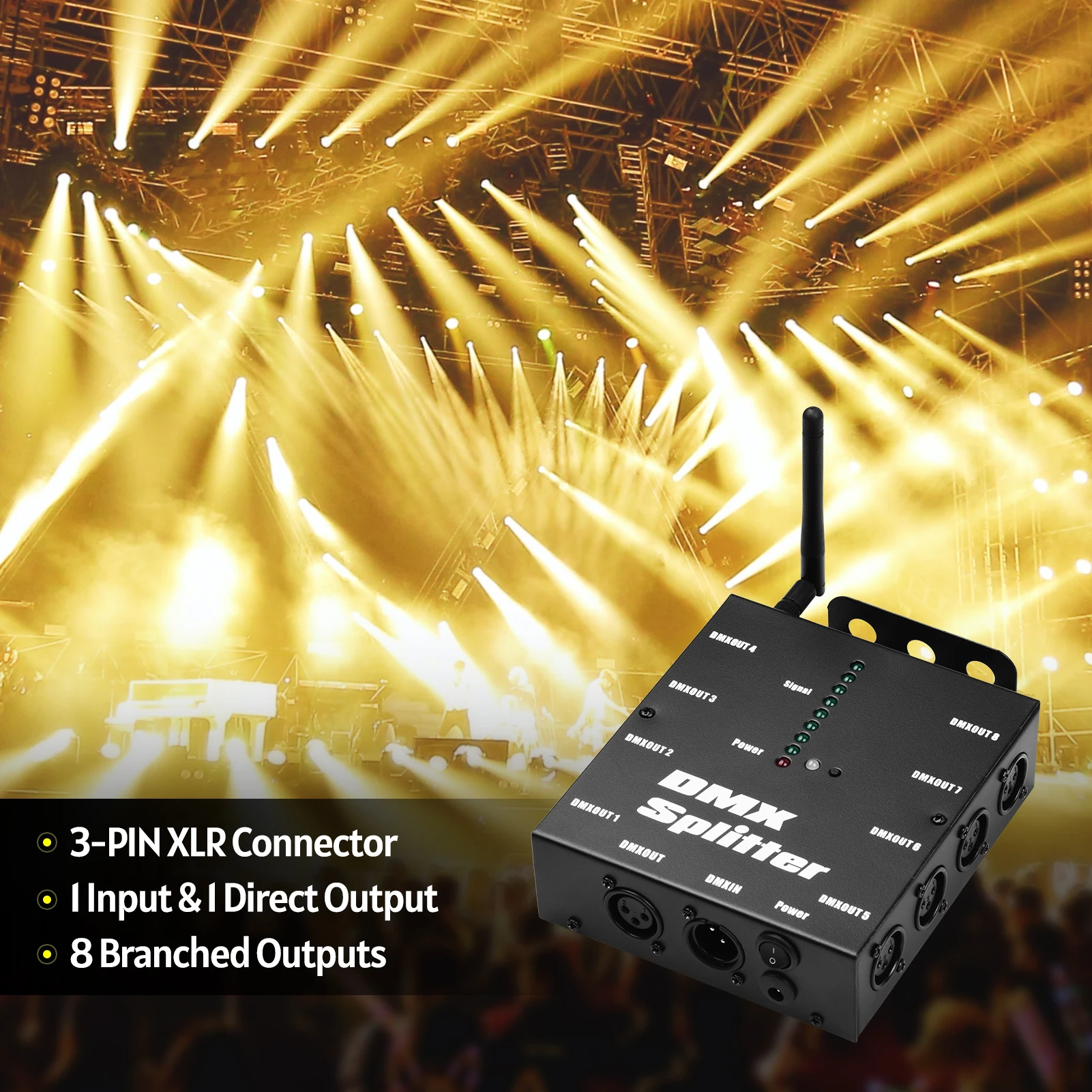 

DMX512 Optical Signal Amplifier Spliter Distributor 1 Direct Input & Output 8 Independent Outputs for Light Controller Stage
