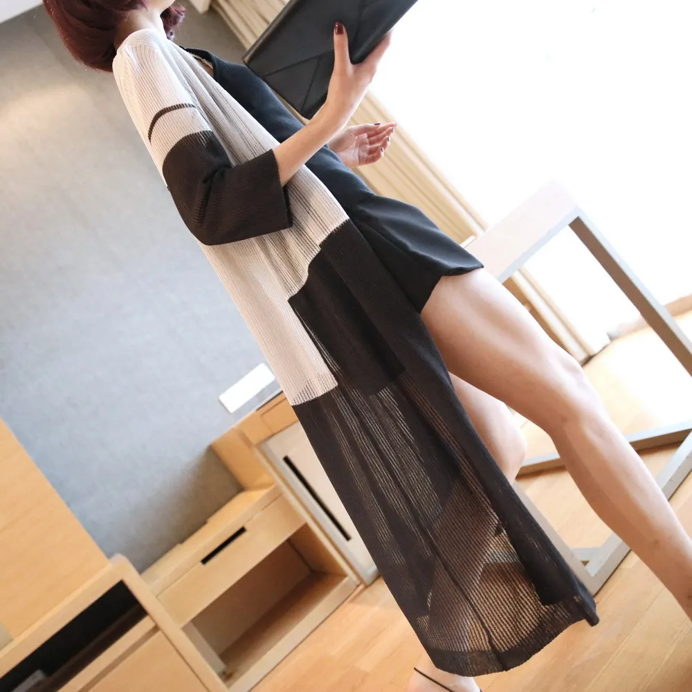 Контрастный шелковый длинный вязаный кардиган для женщин три четверти тонкий