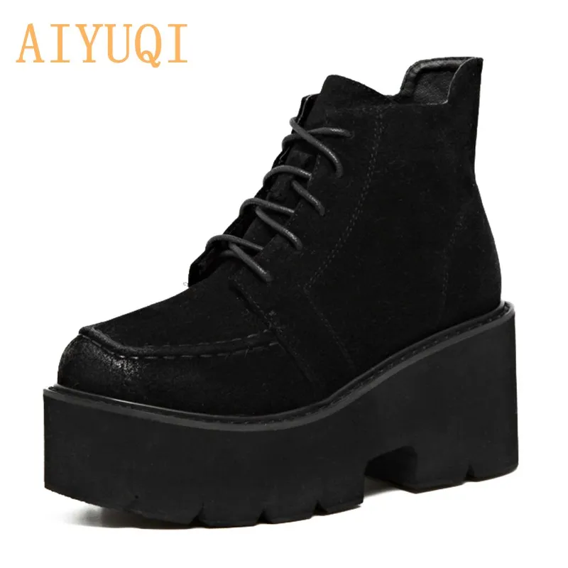 

AIYUQI Women Shoes 2021 Genuine Leather Suede Thick-soled Martin Boots Girl Student Lace-up Platform Thick Heel Women Boots