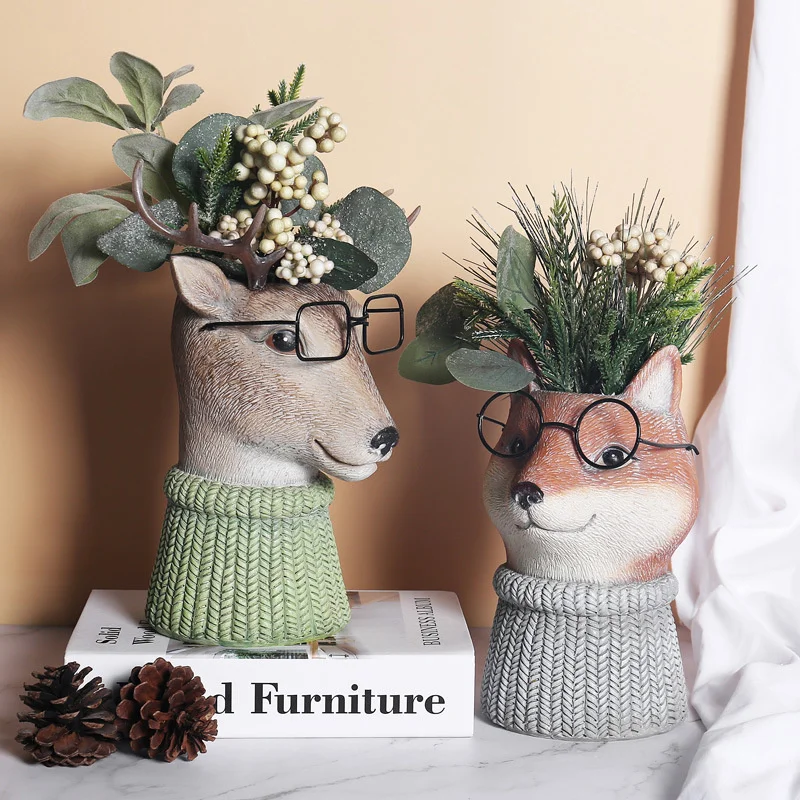 Florero de resina con forma de b&uacute;ho y ciervo para decoraci&oacute;n del hogar, maceta con forma de Animal, maceta de flores, adornos suaves, artesan&iacute;as de escritorio N&oacute;rdicas-2