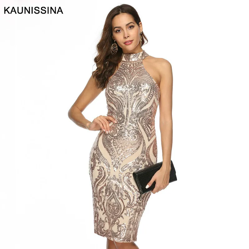 KAUNISSINA пикантное вечернее платье коктейльные платья с блестками лямкой на шее без