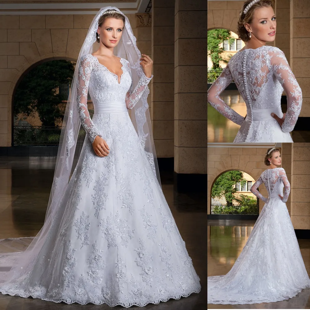 

Vestido De Noiva 2018 V Neck Long Sleeve A Line Lace appliques Bridal Gown Vestidos De Casamento mother of the bride dresses