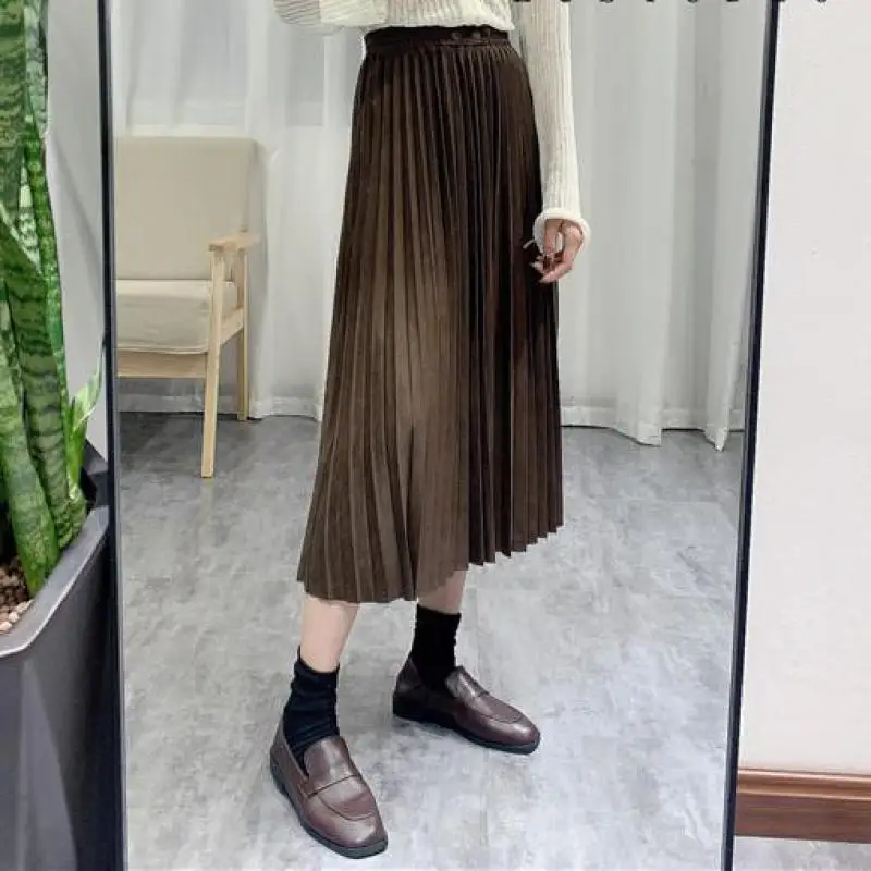 

Женская плиссированная юбка с высокой талией, черная Повседневная Длинная облегающая юбка из бархата, Осень-зима 2021