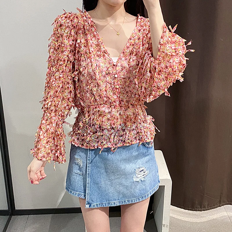 Женская винтажная Блузка с оборками и цветочным принтом 2020 модная женская