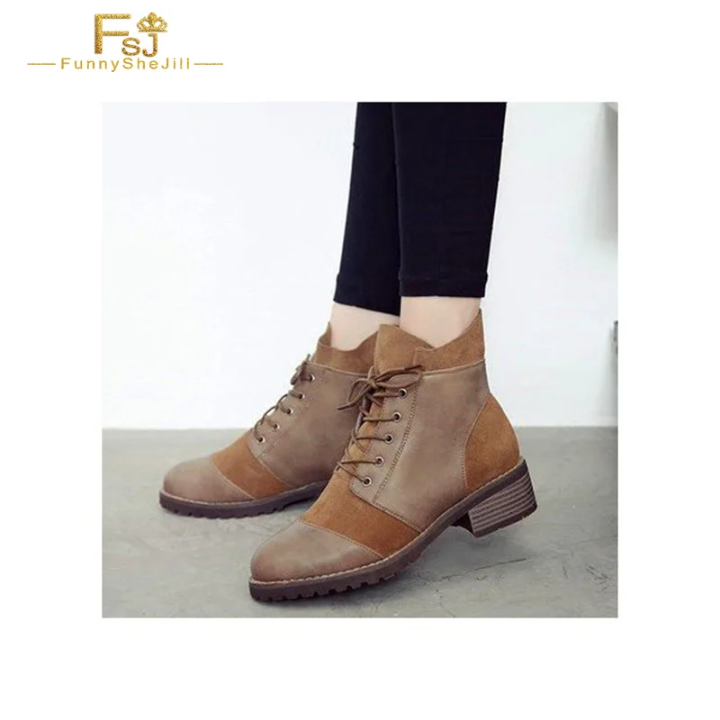 

FSJ Retro Khaki Cross Tied Low Chunky Heel сапоги женские зимние 2021 Mix Color Round Toe Comfy Ride Dress Casual zapatos mujer