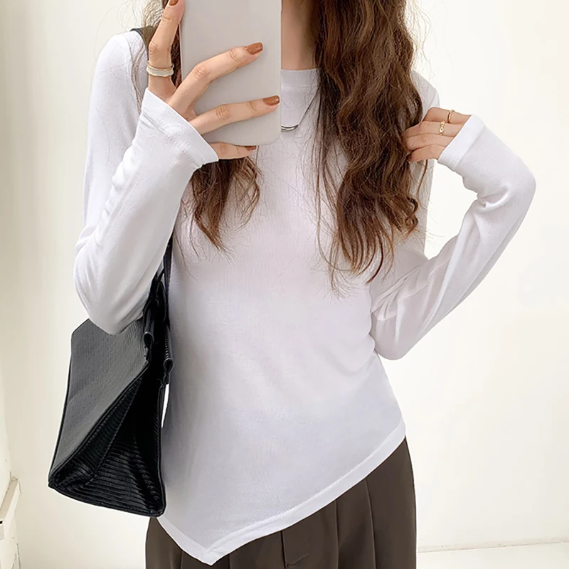 

Autumn Irregular T Shirt Women Basic Cotton Tee Shirt Femme Korean Clothes O-Neck Long Sleeve Top All-match Tshirt Poleras Mujer