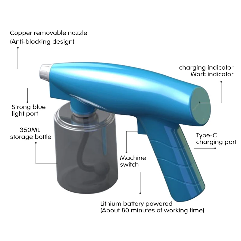 

Household Handheld Blue Light Nano Electric Spray Gun Atomizer Wireless USB Rechargeable Sterilization And Disinfection Gun
