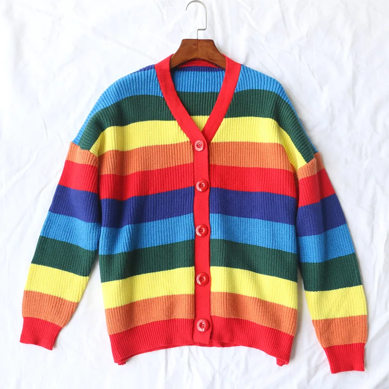 Knitted Cardigan Women 2020 Autumn &ampWinter KPOP Rainbow Striped Outwear Female Loose Casual Long Sweater Jacket Coat L0162 |