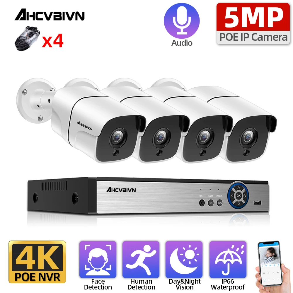 

H.265 4CH 4K HD POE NVR Kit 5MP CCTV Security System Audio AI IP Camera Outdoor Day/Night Vision P2P Video Surveillance Set HDD