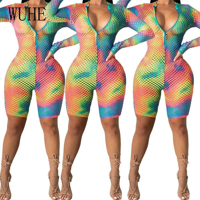 

KEXU Tie Dye Print Playsuits Mesh See Through Long Sleeve Zipper Up Sexy V Neck Package Hip Skinny Nightclub Party Overalls