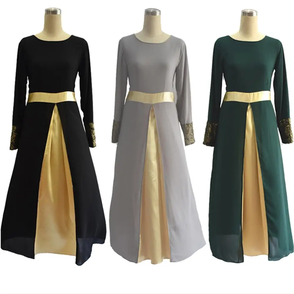 

New Arrivals Long Sleeve Lace Dress Satin Chiffon Model Kaftan Muslimah Dress Abaya Dubai Kimono for Plus Size Women