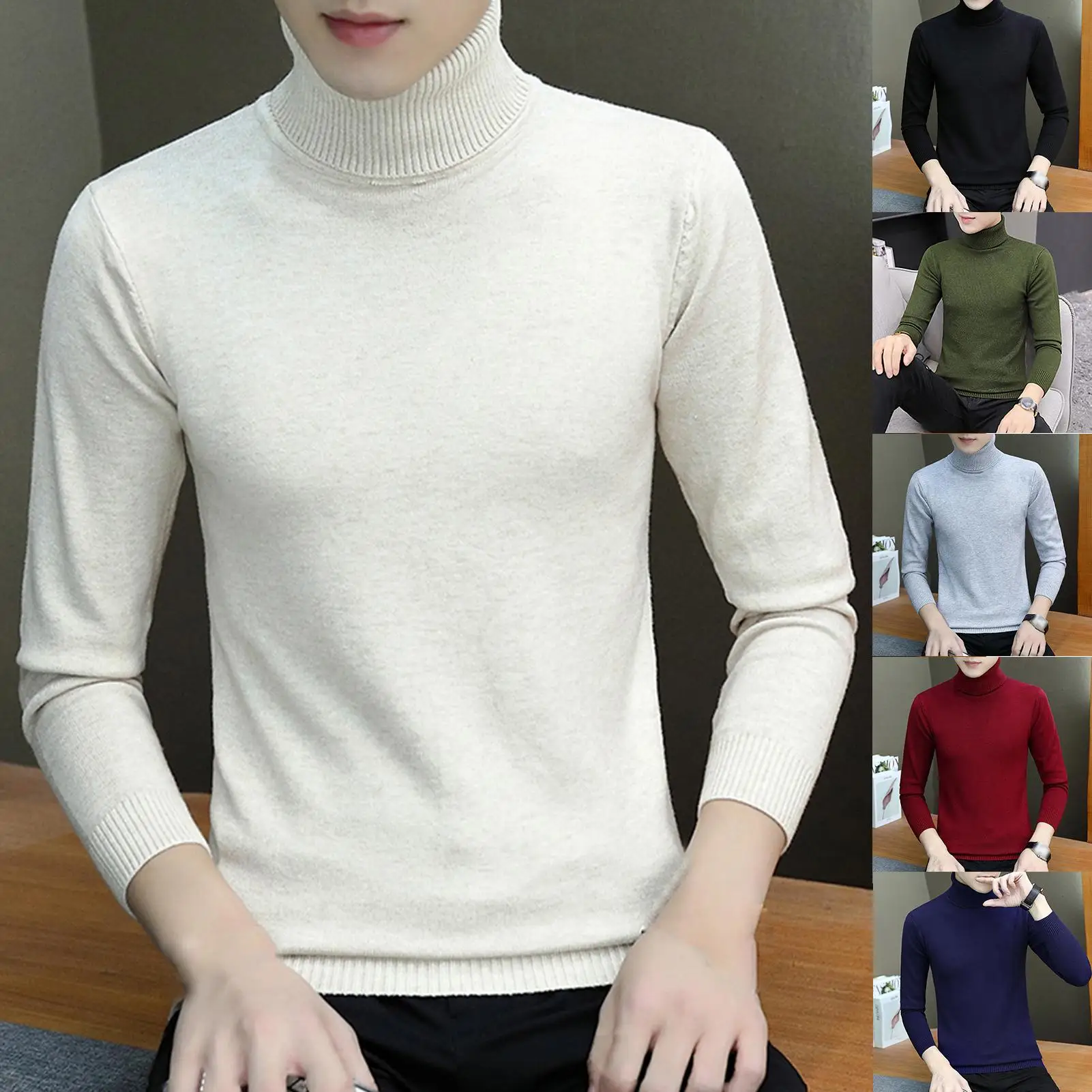 

2020 New Autumn Winter Pullover Sweaters Men Turtle Neck Beige Black Long Sleeve Knitwear Slim Men's Sweater Pull Male Clothing