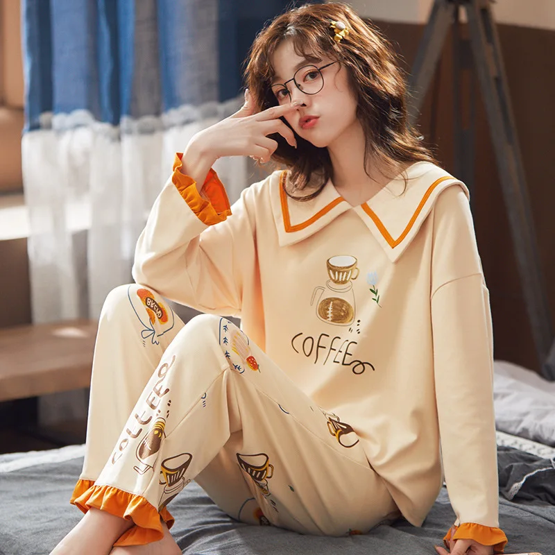 New Large Size Long Sleeve Pajamas Sets Women Nightgown Spring Autumn Cotton Lovely Cartoon Leisure Home Wear Sleepwear Suit
