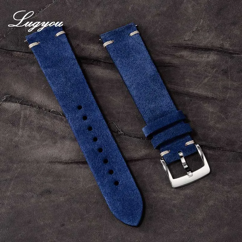 Deep Blue Lugyou San ремешок для часов из натуральной кожи для часов с плоскими концами 20 мм Пряжка с язычком из нержавеющей стали быстросъемные пружины - Цвет ремешка: Deep Blue
