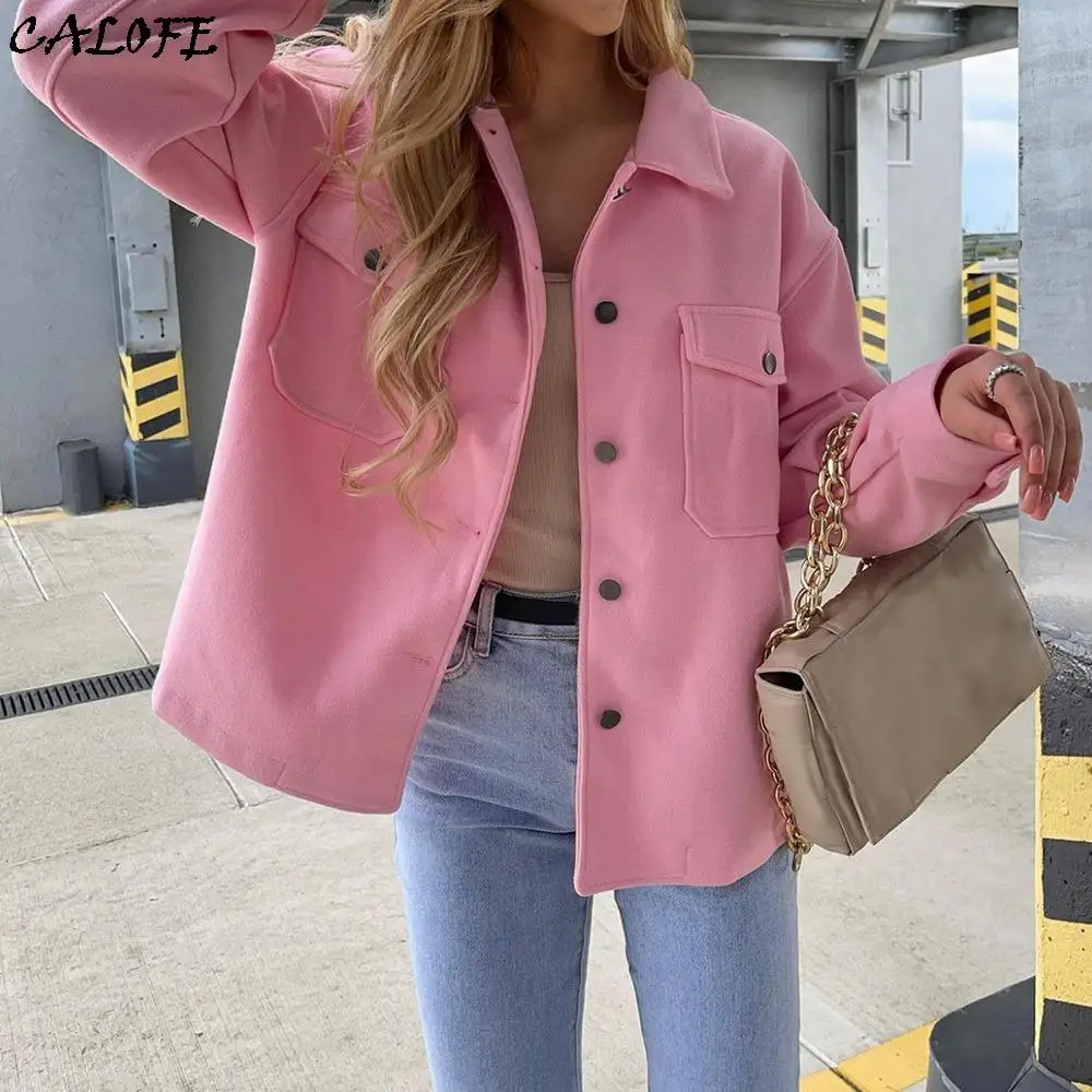

2021 Solid Shirt Outwear Basic Blends Coat Women Autumn Coat Fashion Single Breasted Pockets Jackets Casual Long Sleeve Jacket