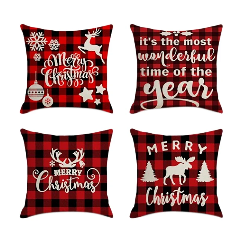 

4Pcs Christmas Pillowcase Cozy Santa Square Home Decor Linen Pillow Cases Cushion Covers for Sofa Car Gift 45X45cm B