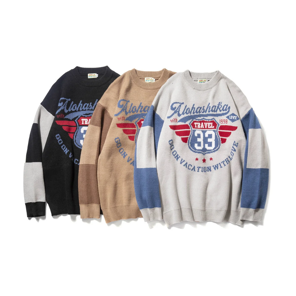 

Knitted Sweater O-neck Long Sleeve Bottoming Sweaters Contrast Color Print Letter Top Loose Autumn Winter Pullover Male Clothes