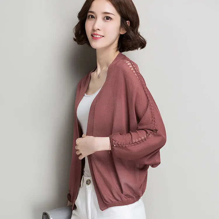 

Women 2021 Spring Summer Fashion V-neck Knitted Shirts Female Thin Sunscreen Cardigan Coats Ladies Solid Color Loose Shawl W130