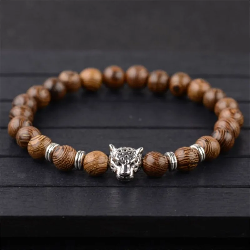 Charm Sandalwood Rosary Leopard head Bracelet Tibet Buddhism Buddha Wood Beads Chakra Yoga Bracelet For Women Men Jewelry