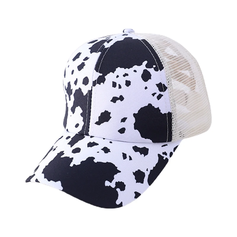 

Women Cow Letters Print Mesh Baseball Cap Crisscross Ponytail Trucker Dad Hat
