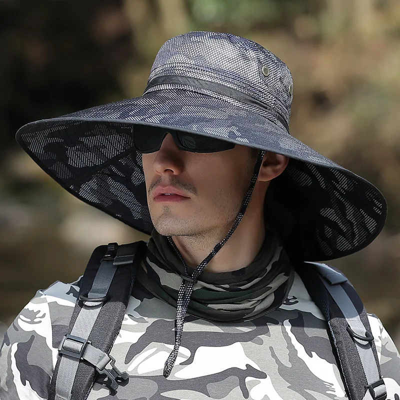 

Fishing Caps Men Camouflage Net Yarn Big Brimmed Hat Sun Protection Windproof Shading Outing Outdoor Traveling Anti Uv Sun Hat