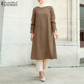 ZANZEA Women Muslim Long Sleeve Blouse Casual Loose Blouse Shirts Tops Tunic Blusas Loose Chemise Morocco Turkish Solid Chemise 2