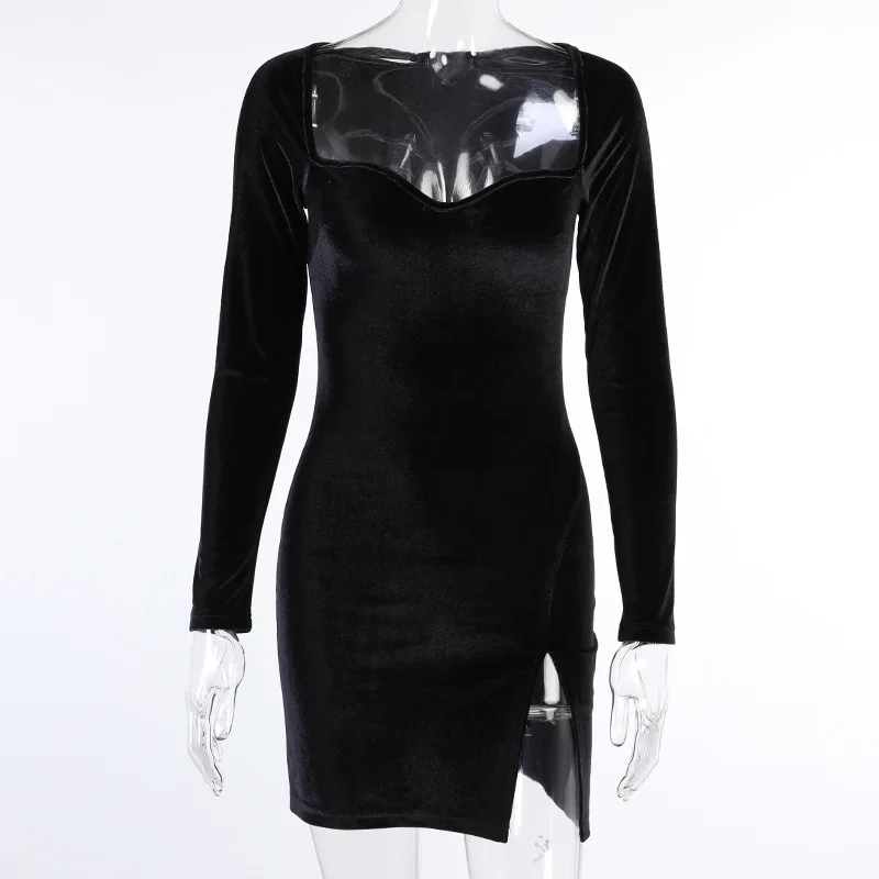 

Helisopus New Velvet Black Mini Dress Vintage Slim Side Split Sexy High Waist Dress Elegant Long Sleeve Bodycon Party Dresses