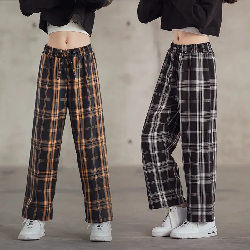 

Plaid Pants For Girls Spring Summer Teens Trousers Long Casual Sport Pants Elastic Waist 12 13 14 Year Children's Wide Leg Pants