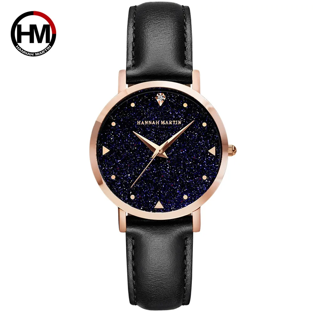 

HM Woman Watch Top Luxury Brand Rhinestones Japanese Waterproof Leather Buckle Belt Movement Ladies Quartz Wristwatch HM19