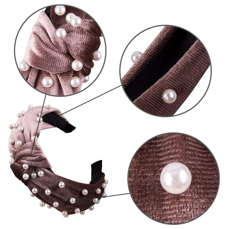 7 Pcs Top Knot Headband with Pearls Velvet Wide Headbands Artificial Pearl Turban for Women and Girls | Украшения и аксессуары