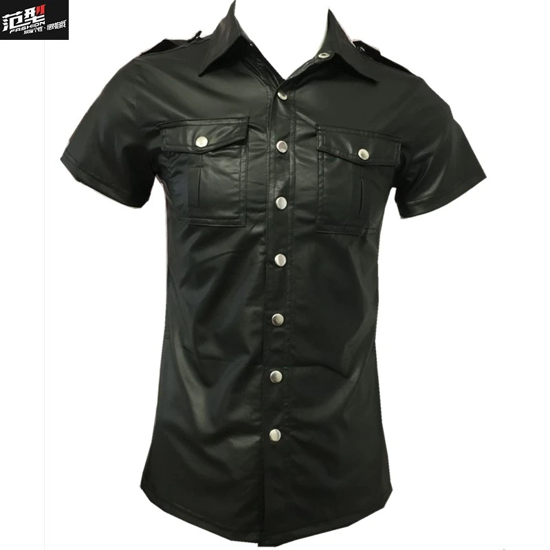 

Рубашка мужская из экокожи, модная облегающая блуза с отложным воротником, однотонная, подчеркивающая индивидуальность, черный топ с корот...
