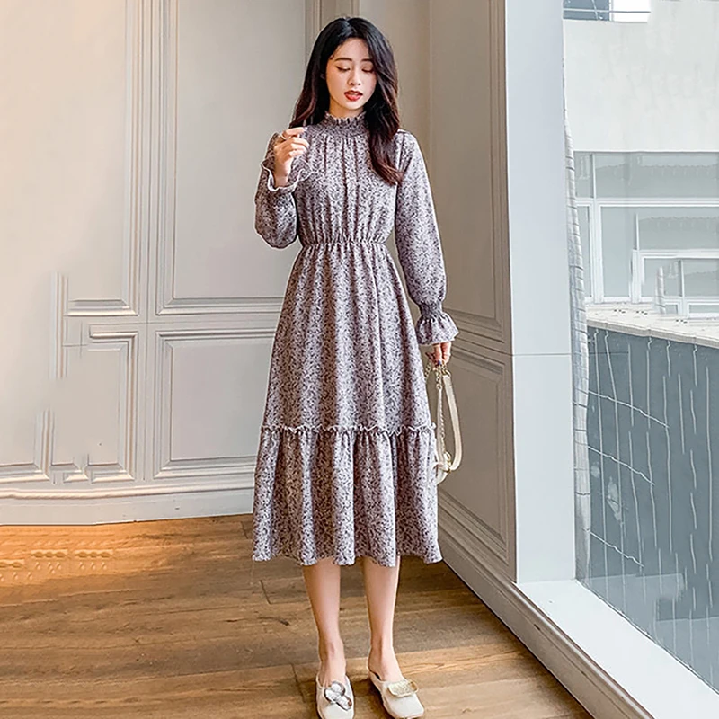 

Spring Mid Length Floral Dress Women Korean Style A-line Chiffon Printing Dresses Elegant Slim Waist Long Sleeve Party Dress