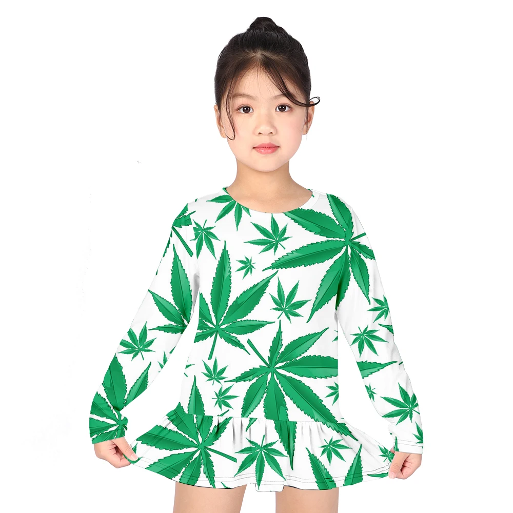 Платье-рубашка для девочек с объемным изображением листьев конопли