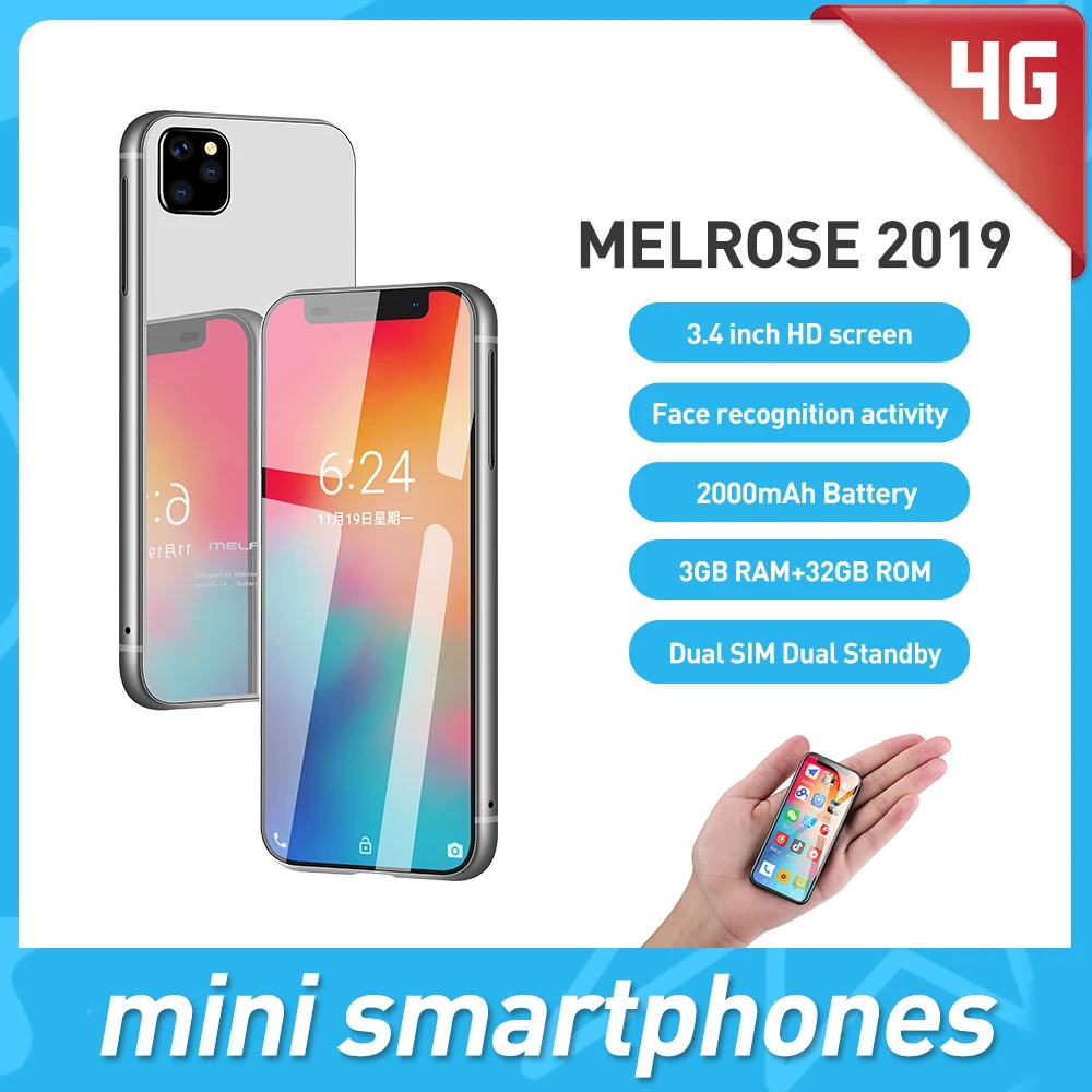 

Melrose 2019 Super Mini Smartphones 3.4 Inch Ultra Slim Quad Core Mobile Phone Android 8.1 Face Recognition 5MP 4G LTE phone