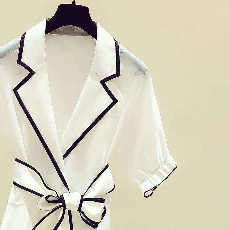 

2021 Summer Ladies Tops New Korean Style Elegant Short Sleeve Shirt Lace-up Waist Suit Collar White Shirt Women's Slim Blouse